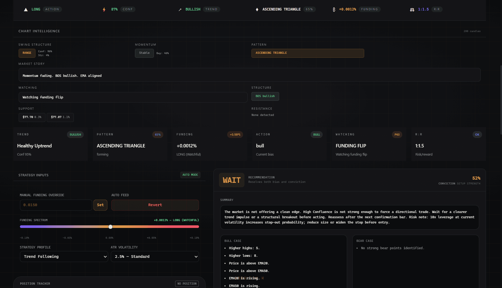 Catalyxz trade brain panel showing conviction score, evidence summary, and recommendation state